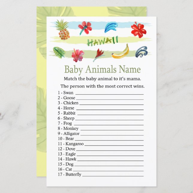 Hawaii Baby djur Namn Game (Fram/baksida)