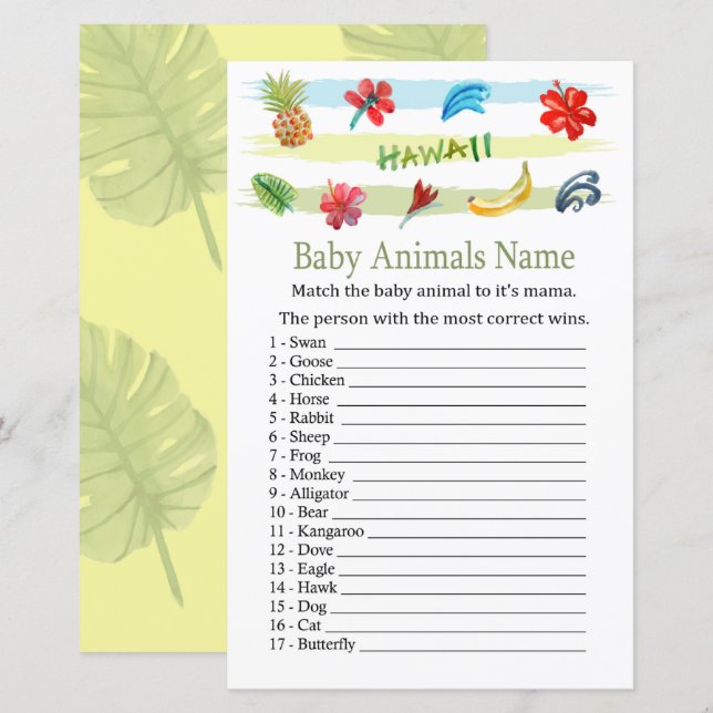 Hawaii Baby Djur Namn Lek (Fram/baksida)