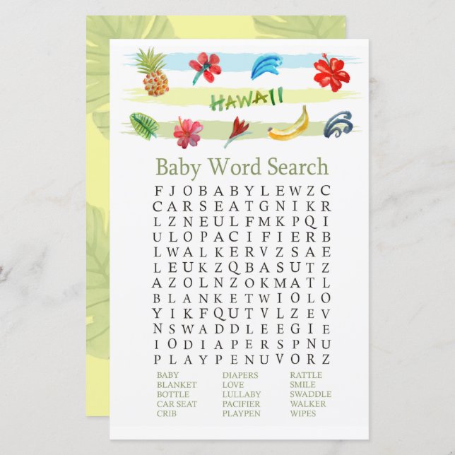 Hawaii Baby Shower Ord Search Game (Fram/baksida)