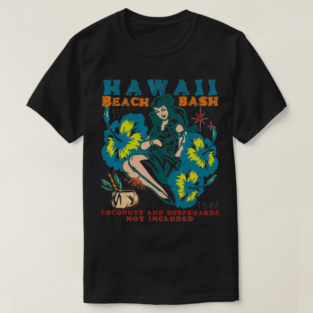 HAWAII BEACH BASH UKULELE L LUAU RETRO SURFING VIN T SHIRT (Design framsida)