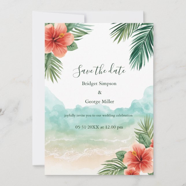 Hawaii Beach Hibiskus Tropisk Kustbröllop Inbjudningar (Framsida)