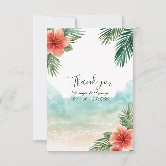 Hawaii Beach Hibiskus Tropisk Kustbröllop Tack Kort (Framsida)