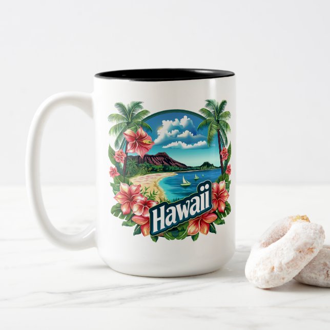 Hawaii Beach Mountains Tropical Flowers Travel Art Två-Tonad Mugg (Med munk)