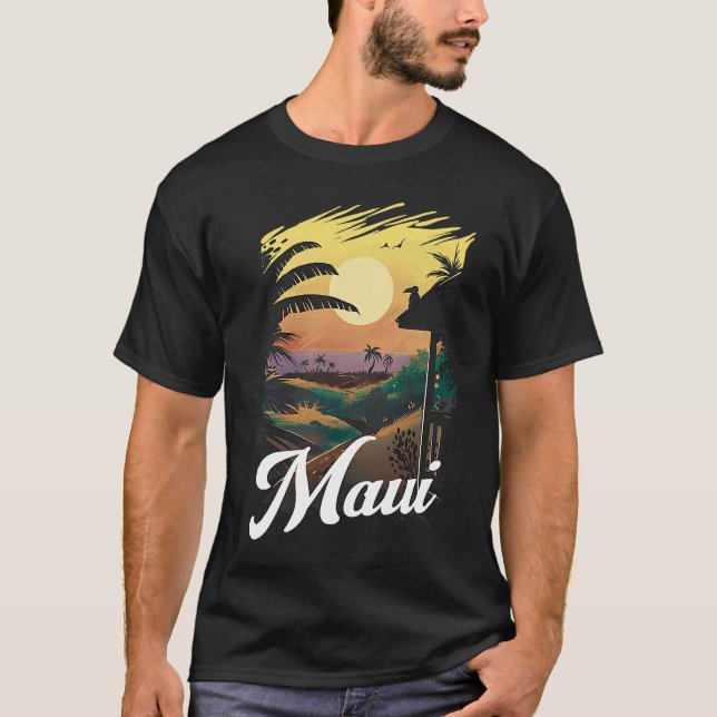 Hawaii Beach Sunset Ocean Maui Aloha Retro Hawaiia T Shirt (Framsida)