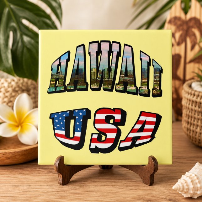 Hawaii Bild och USA Flagga Text Kakelplatta (Hawaii Picture and USA Flag Text Tile)