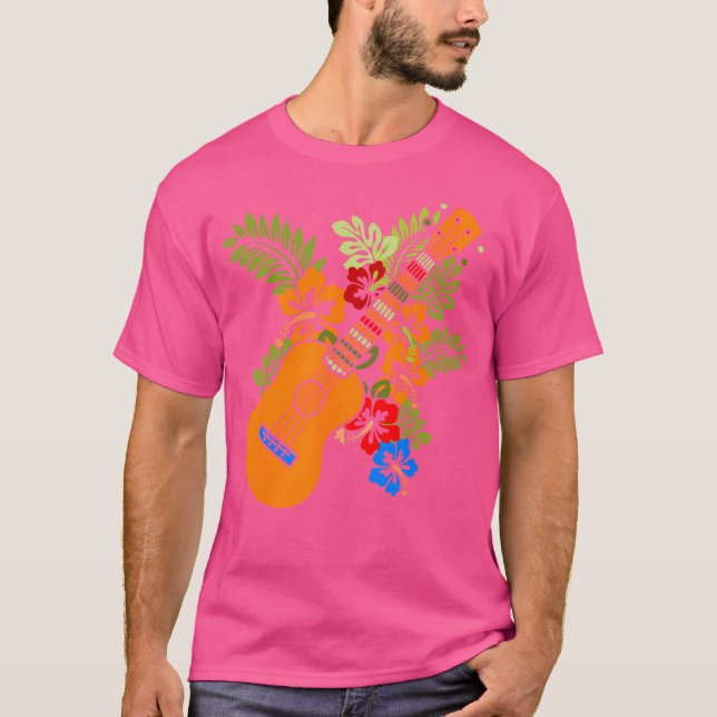 Hawaii Blommigt Uke Ukulele - Flower Aloha Ukulele T Shirt (Framsida)