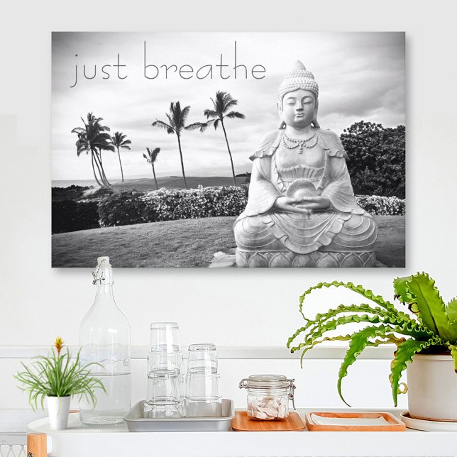 Hawaii Buddha Black White Photo Just Breathe Quote Canvastryck (Skapare uppladdad)