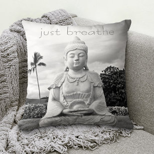 Hawaii Buddha Black White Photo Just Breathe Quote Kudde
