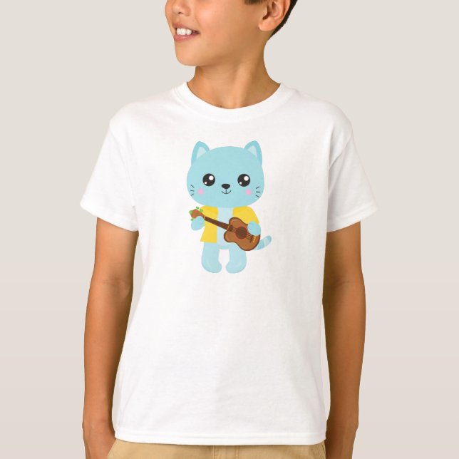 Hawaii Cat, Cute Cat, Blue Cat, Guitar, Luau T Shirt (Framsida)