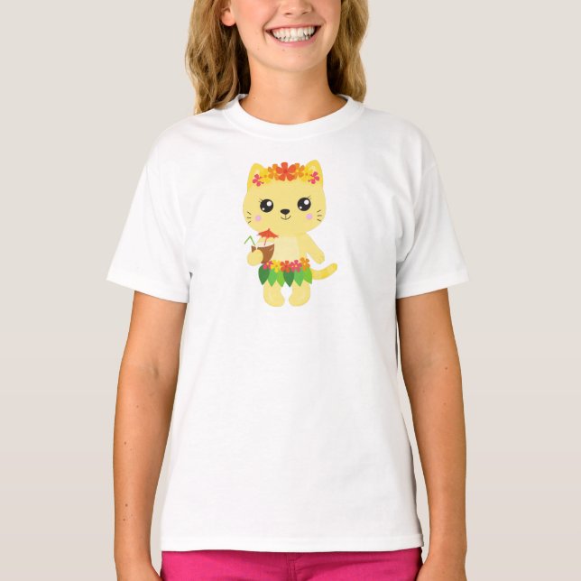 Hawaii Cat, Cute Cat, Gult Cat, Flowers, Luau T Shirt (Framsida)
