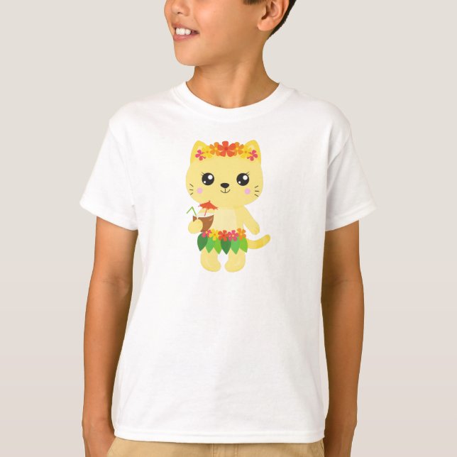 Hawaii Cat, Cute Cat, Gult Cat, Flowers, Luau T Shirt (Framsida)