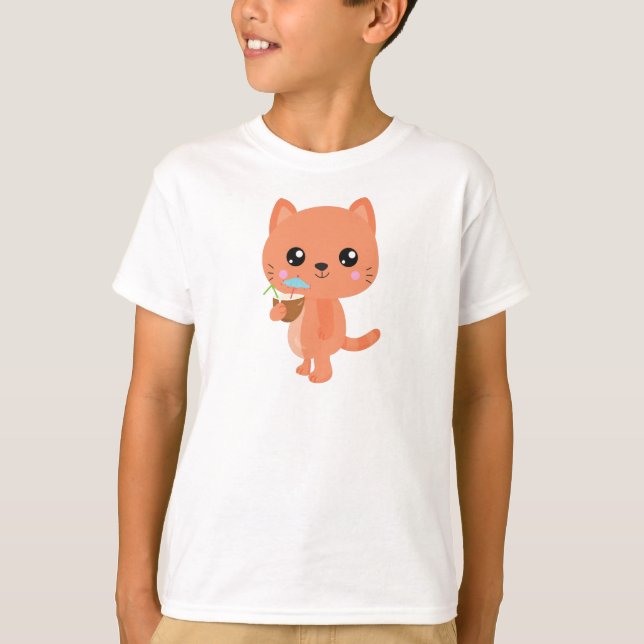 Hawaii Cat, Cute Cat, Orange Cat, Cocktail, Luau T Shirt (Framsida)