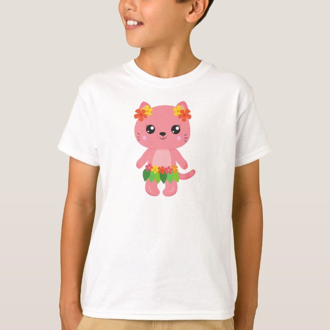 Hawaii Cat, Cute Cat, Rosa Cat, Flowers, Luau T Shirt (Framsida)