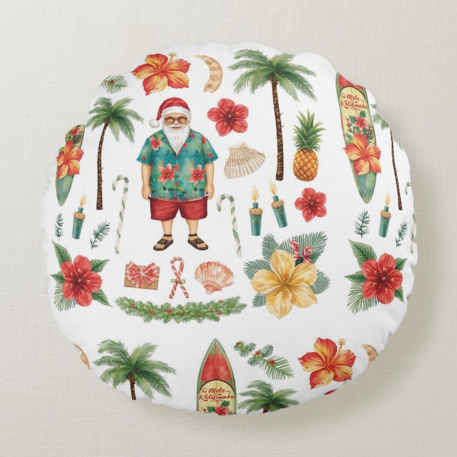 Hawaii Christmas themed with Santa Claus Rund Kudde (Framsidan)