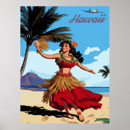 Hawaii, Dancing Hula Girl vid Beach, Travel Poster