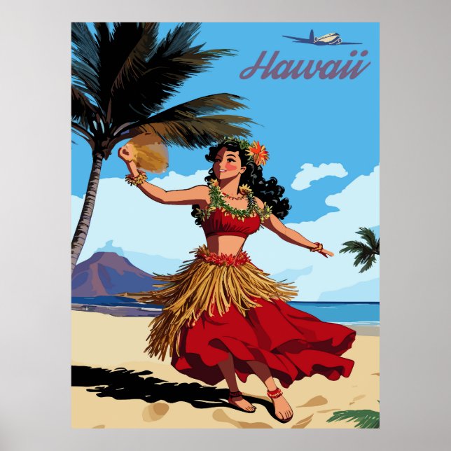 Hawaii, Dancing Hula Girl vid Beach, Travel Poster (Framsidan)