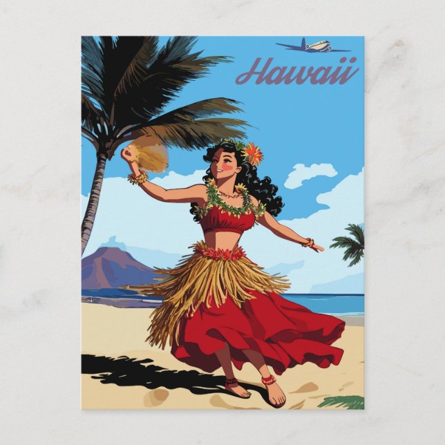 Hawaii, dansande Hula-flicka på stranden, Resa Vykort (Framsida)
