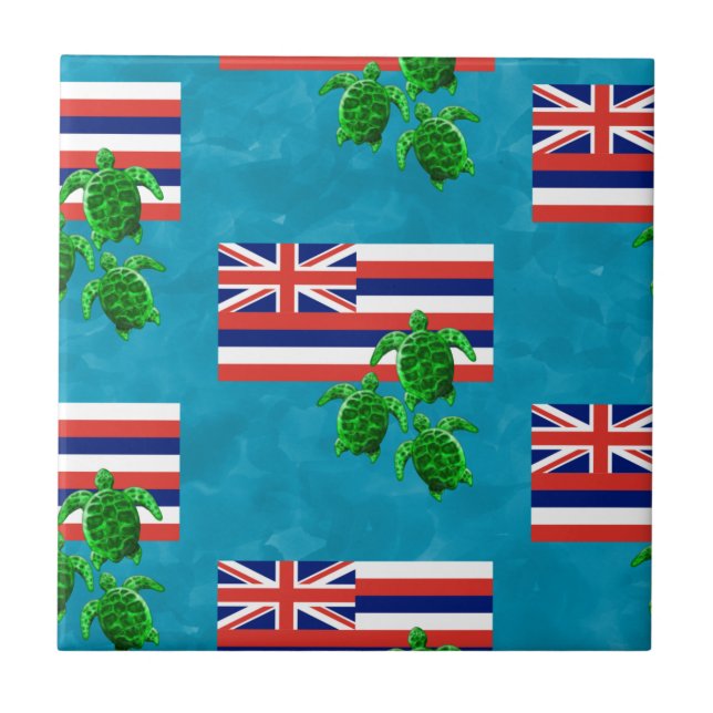 Hawaii Flagga och Grönt Sea Turtles Kakelplatta (Framsidan)