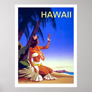 Hawaii, flicka på tropisk ö, vintage resaffisch poster