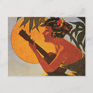 Hawaii flicka som leker ukulelen på romantisk vykort