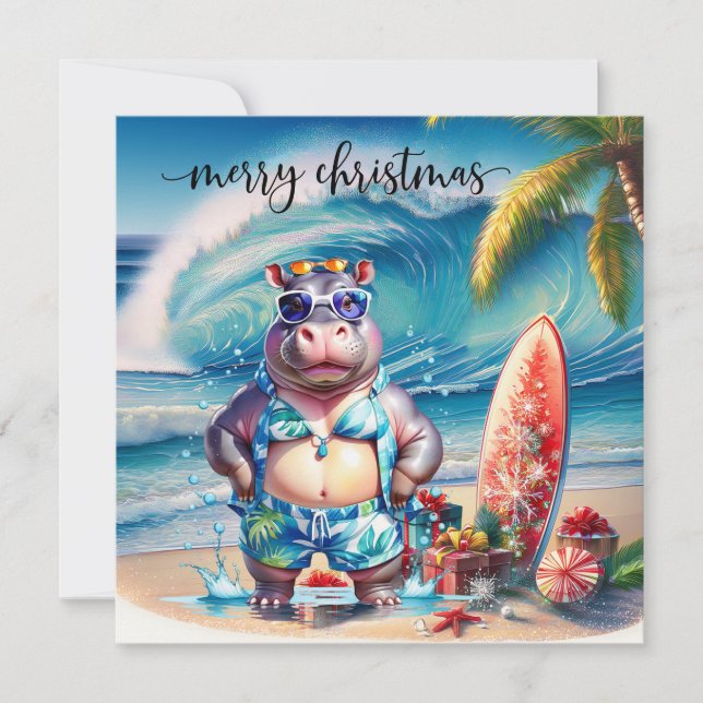 Hawaii-flodhäst firar jul på stranden  julkort (Framsida)