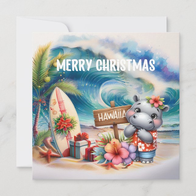 Hawaii-flodhäst firar jul på stranden  julkort (Framsida)