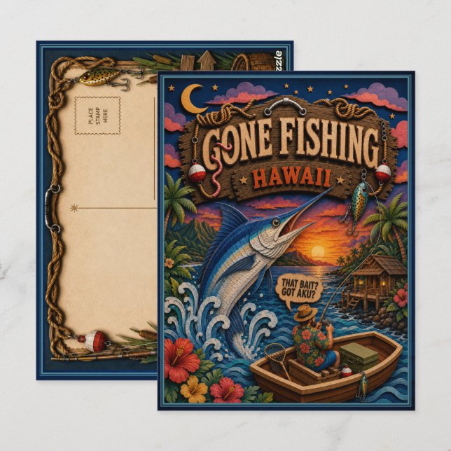Hawaii Gone Fishing Blå Marlin Vykort (Fram/baksida)
