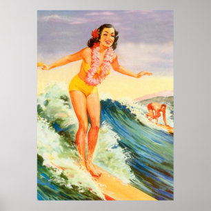 Hawaii, Hawaian surfer tjej på en stor våg, vintag Poster