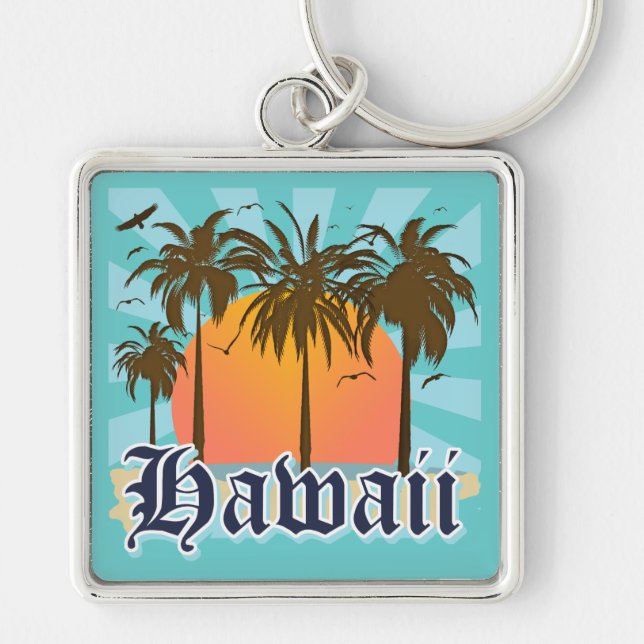 Hawaii hawaianska öar Sourvenir Fyrkantig Silverfärgad Nyckelring (Framsidan)