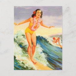 Hawaii, hawaiiansk surfartjej på en stor våg, vint vykort