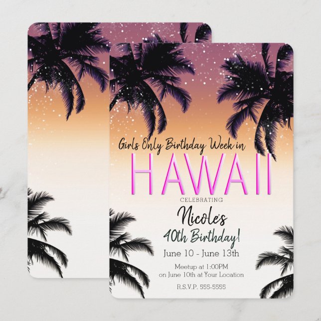 Hawaii Hawaiiöarna Sommar Flickor Födelsedagsfest Inbjudningar (Fram/baksida)