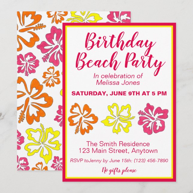Hawaii Hibiscus Flowers Birthday Beach Party Luau Inbjudningar (Fram/baksida)