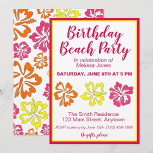 Hawaii Hibiscus Flowers Birthday Beach Party Luau Inbjudningar