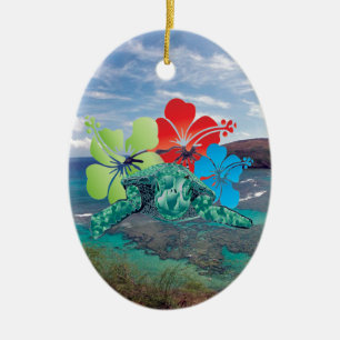 Hawaii hibiskusblommor och sköldpadda julgransprydnad keramik