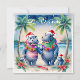 Hawaii Hippo celebrating Christmas at the beach  Julkort