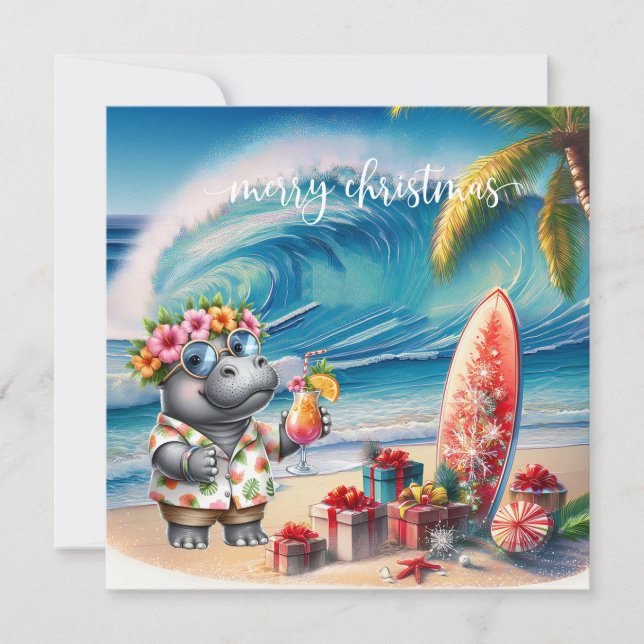 Hawaii Hippo celebrating Christmas at the beach  Julkort (Framsida)