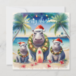 Hawaii Hippo celebrating Christmas at the beach  Julkort