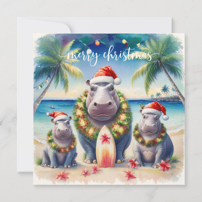 Hawaii Hippo celebrating Christmas at the beach  Julkort (Framsida)