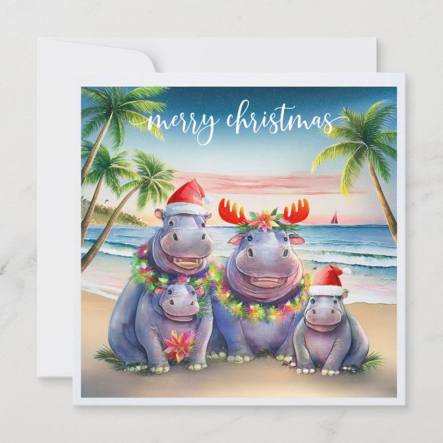 Hawaii Hippo celebrating Christmas at the beach  Julkort (Framsida)