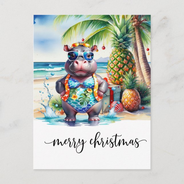 Hawaii Hippo celebrating Christmas at the beach  Vykort (Framsida)