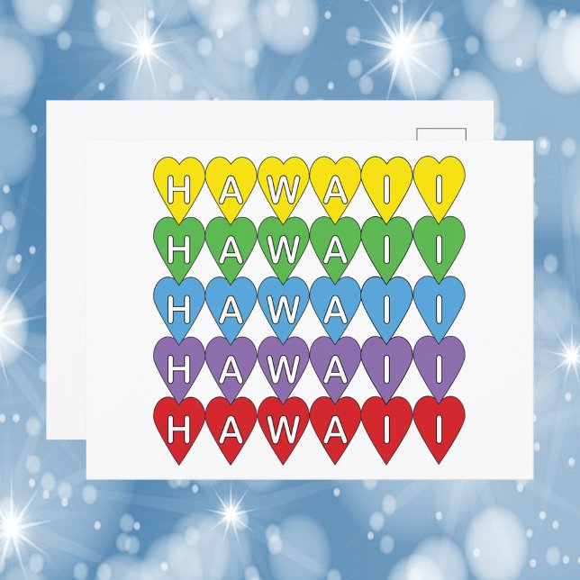 Hawaii Hjärtan Färgrika Vykort (A postcard that says Hawaii with yellow, green, blue, purple & red hearts)