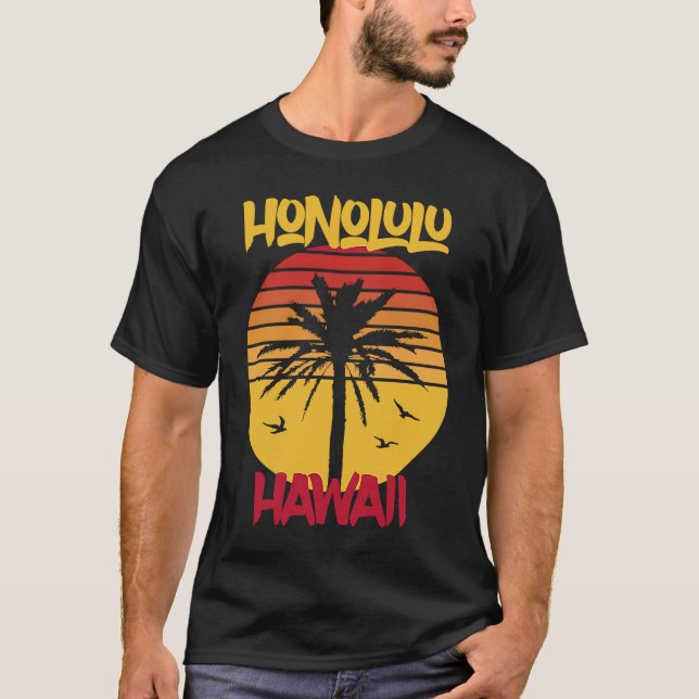 Hawaii Honolulu Handflatan träd Ocean Surfing T Shirt (Framsida)