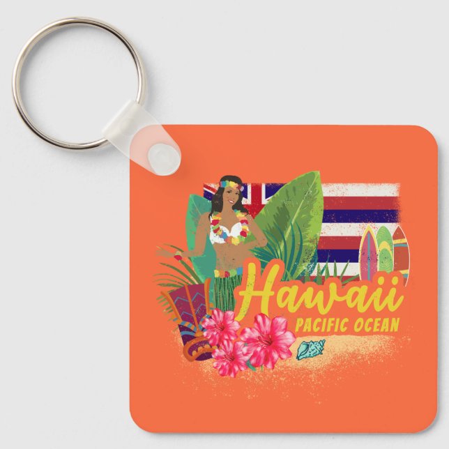 Hawaii Hula Dancer Retro Pacific Vintage Souvenir Nyckelring (Framsida)