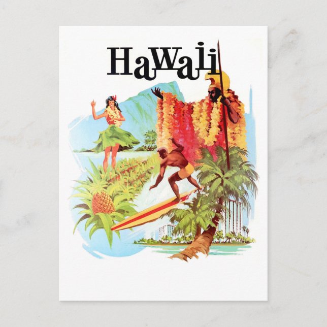 Hawaii, Hula-flicka och infödda välkomnar dig att  Vykort (Framsida)