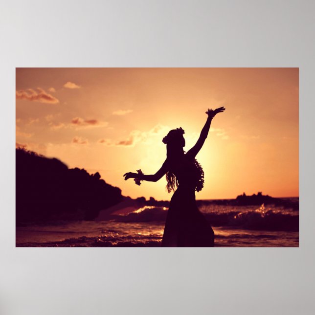 Hawaii, hula silhouette på solnedgång, foto poster (Framsidan)