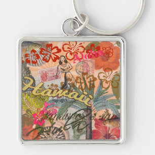 Hawaii Hula Travel Flower Vintage Fyrkantig Silverfärgad Nyckelring