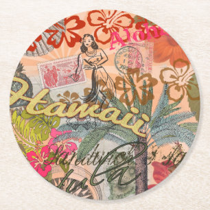 Hawaii Hula Travel Flower Vintage Underlägg Papper Rund