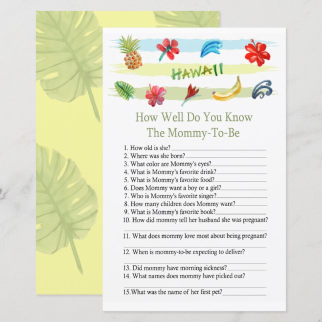 Hawaii Hur mycket vet du baby shower spel (Fram/baksida)