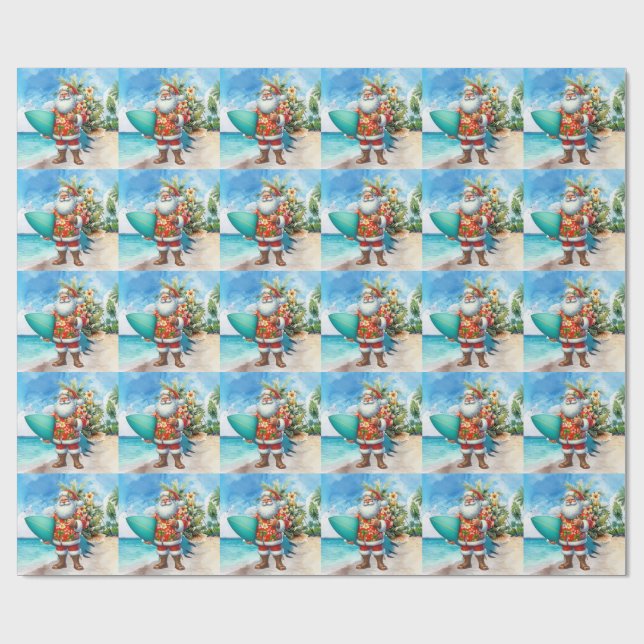Hawaii jultomten håller surfbräda jul presentpapper (Platt)
