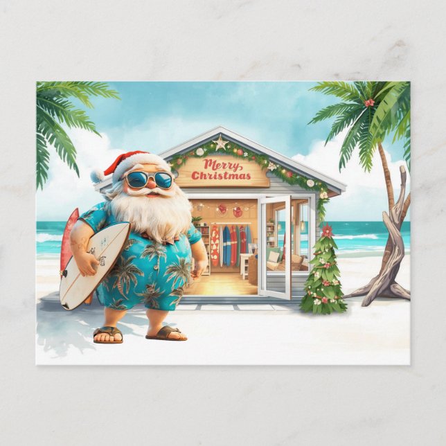 Hawaii jultomten håller surfbräda jul vykort (Framsida)